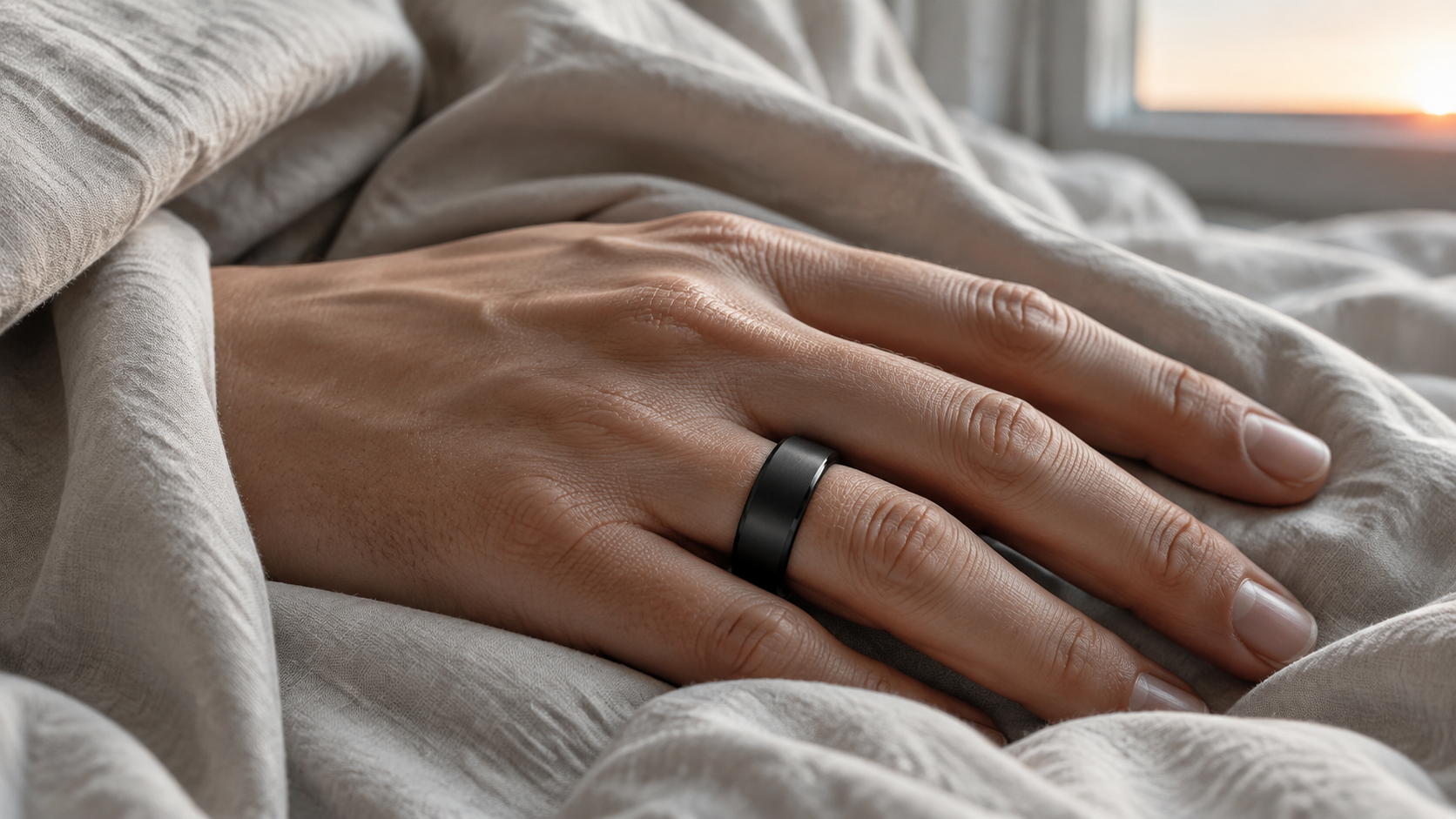 Matte black screenless HealthRing on linen bedding at first light