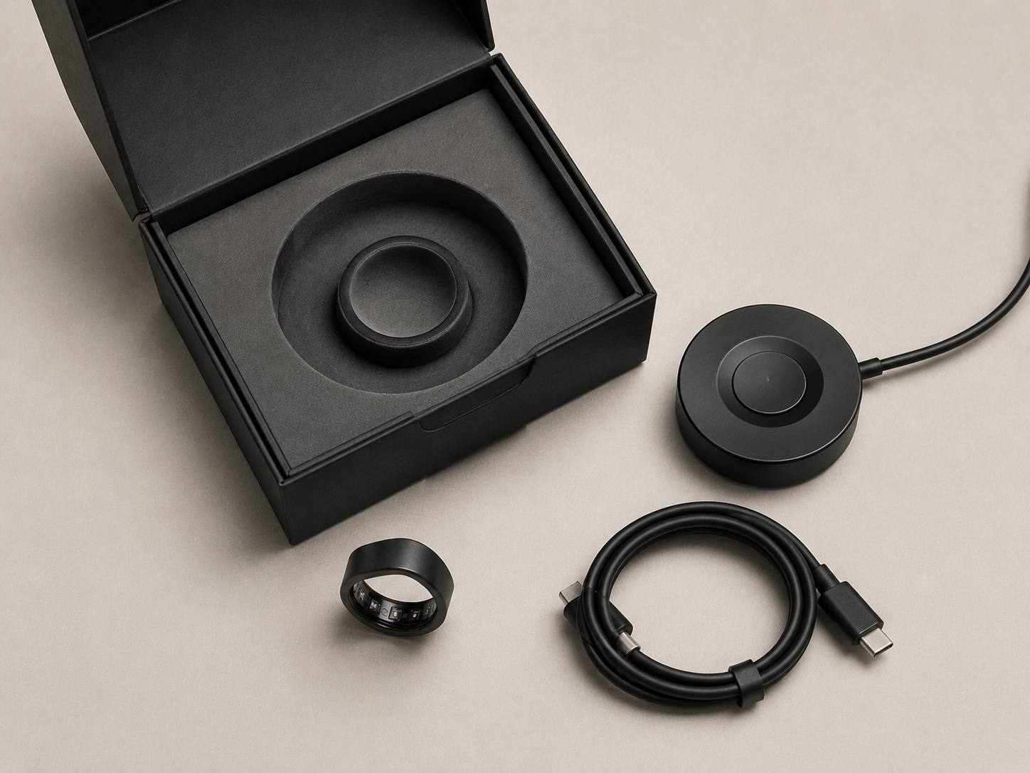 Matte black screenless HealthRing with charging dock and sizing kit laid out flat
